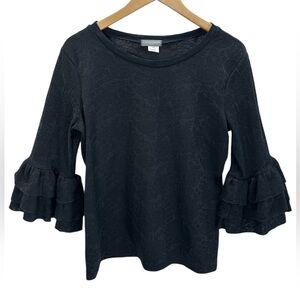 Jade Mackenzie Black Floral Textured Ruffle Bell Sleeve Blouse Modest Feminine L